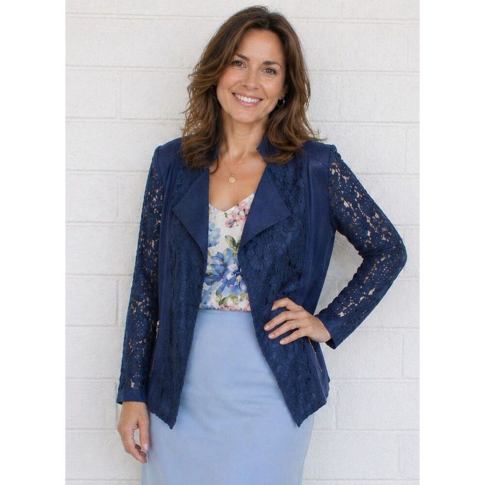 Chico's 1 M 8 10 Navy Blue Sheer Lace 3/4 Sleeves Open Front Zip Pockets Jacket